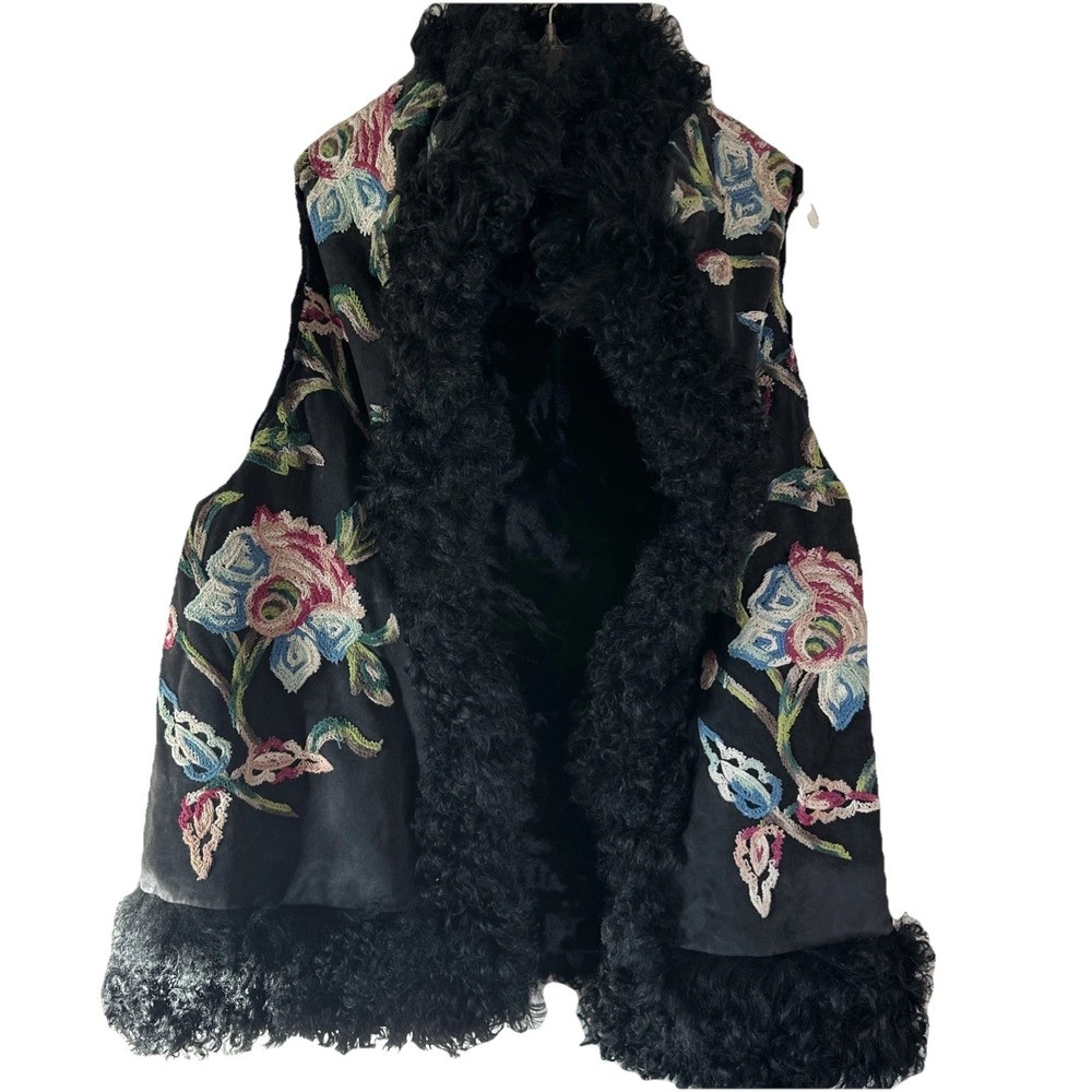 VTG Luxe RARE Blk Faux Fur Suede Vest Floral Heavy Embroidery Boho Reversible M
